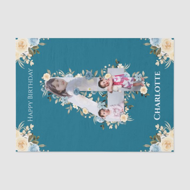 4th Birthday Photo Collage Teal Blue Yellow Flower Tissue Paper (Front)