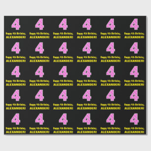 4th Birthday: Pink Stripes and Hearts "4" + Name Wrapping Paper