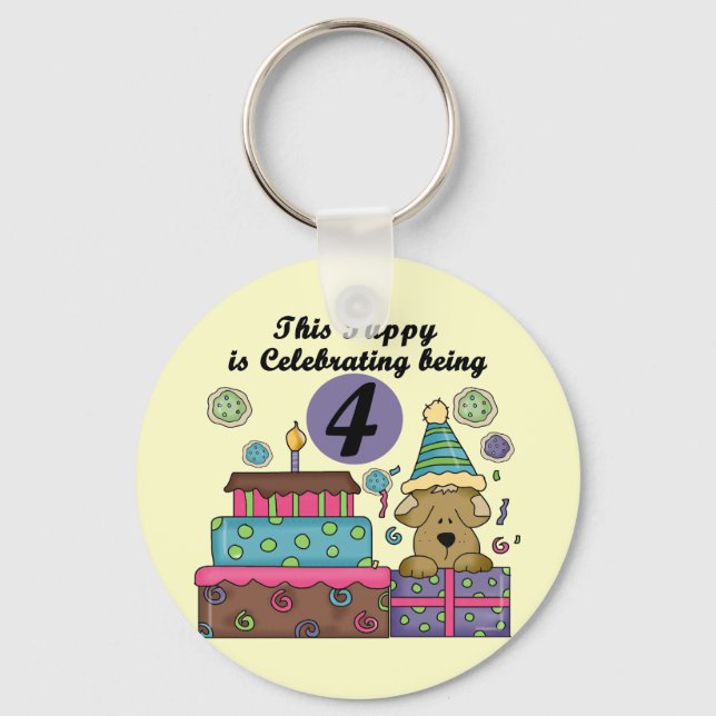 4th Birthday Puppy T-shirts and Gifts Keychain (Front)