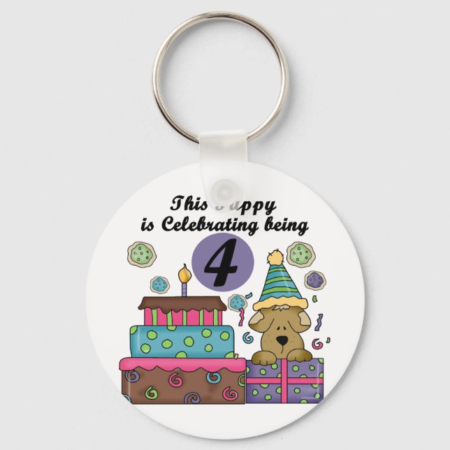 4th Birthday Puppy T-shirts and Gifts Keychain (Front)