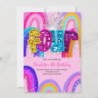 4th Birthday Sequin Rainbow Party Invitation
