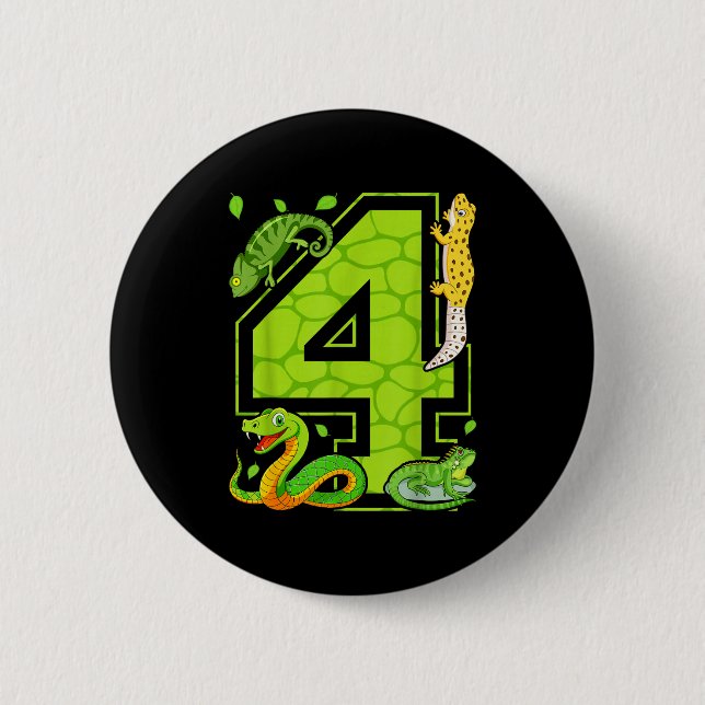 4th Birthday Snake Lizard Reptile 4 Year Old Party 2 Inch Round Button (Front)