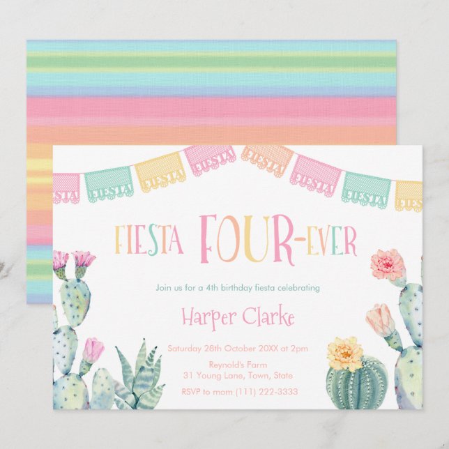 4th Birthday Taco Party - Fiesta FOURever Girl Invitation (Front/Back)