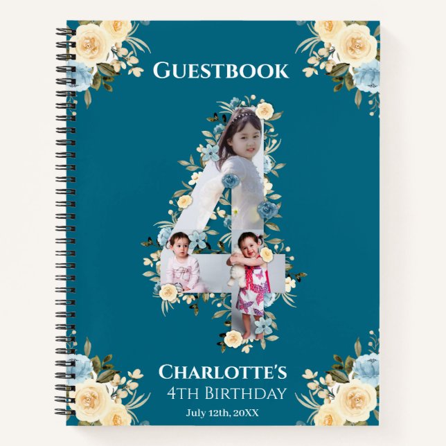 4th Birthday Teal Flower Photo Yellow Guest Book (Front)