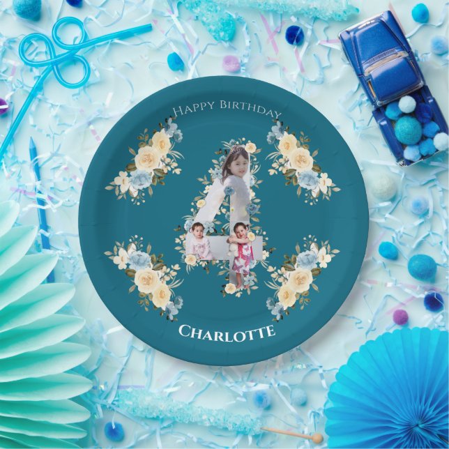 4th Birthday Teal Photo Collage Blue Yellow Flower Paper Plate (Party)