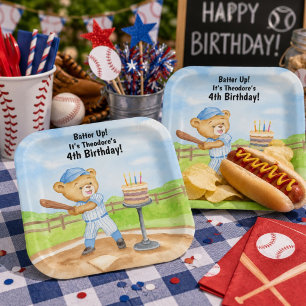 4th Birthday Tee Ball Teddy Bear Baseball Paper Plate