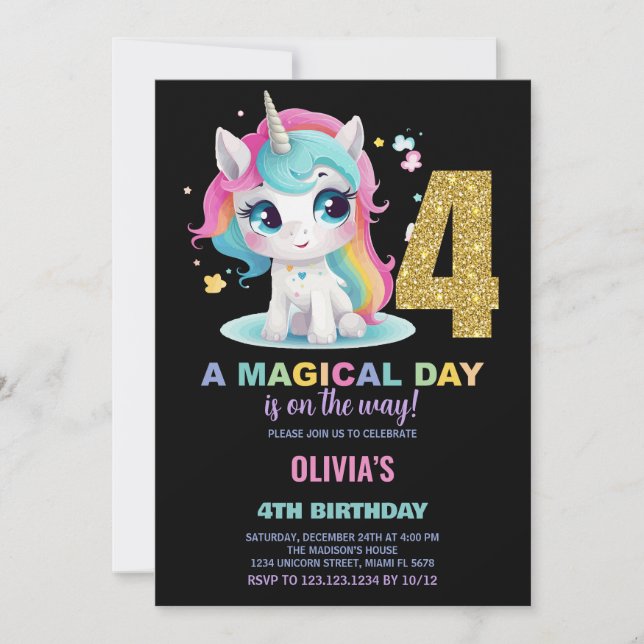 4th Birthday Unicorn Birthday Invitations (Front)