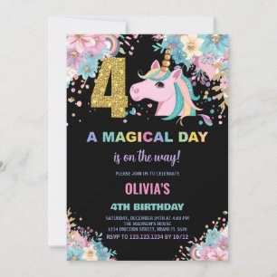 4th Birthday Unicorn Birthday Invitations