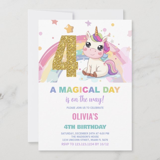 4th Birthday Unicorn Birthday Invitations (Front)