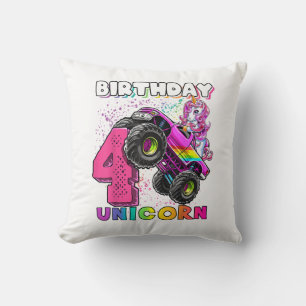 4th Birthday Unicorn Monster Truck Birthday Party Throw Pillow