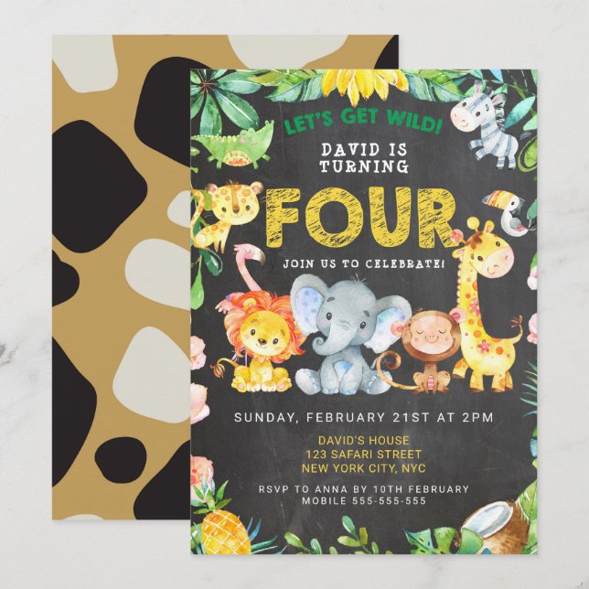 4th Boy Birthday Chalkboard Zoo Animals Jungle  Invitation (Front/Back)