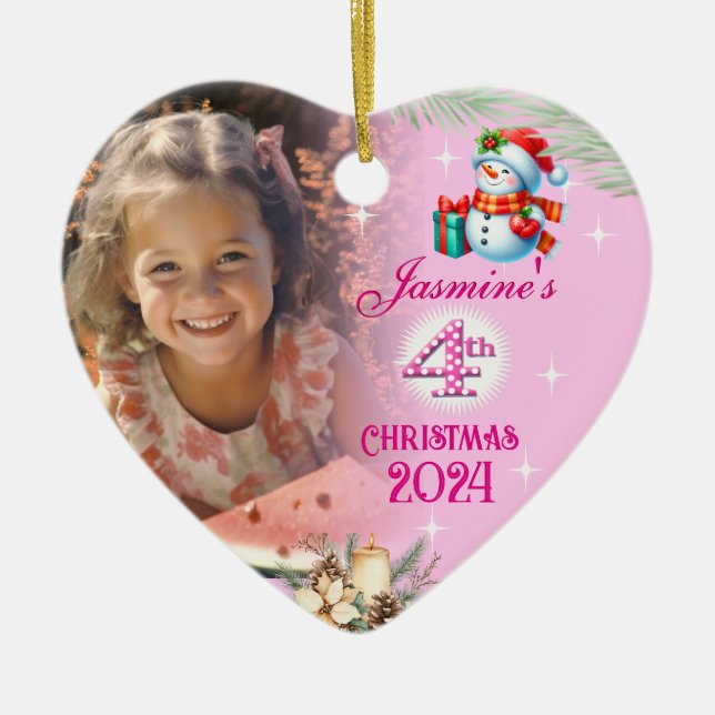 4th Christmas Personalized Girl Photo Heart Gift  Ceramic Ornament (Front)