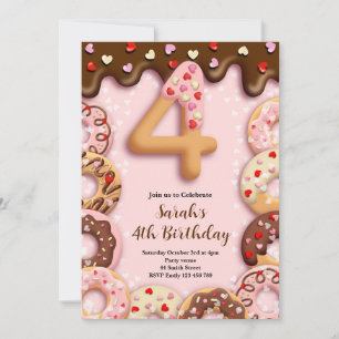 4th Donut Birthday Girls Invitation