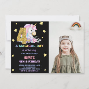 4th Floral Unicorn Birthday Invitations with Photo