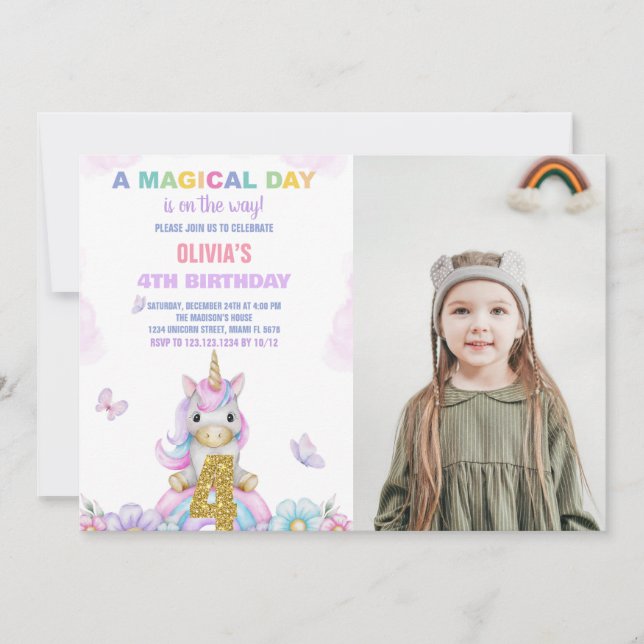4th Floral Unicorn Birthday Invitations with photo (Front)