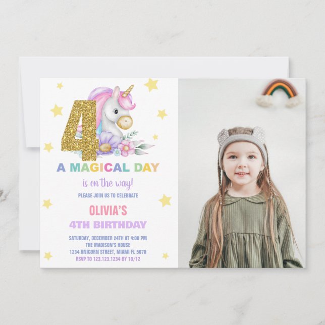 4th Floral Unicorn Birthday Invitations with Photo (Front)