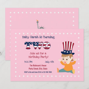 4th July 2nd Birthday Baby Girl Party   Invitation