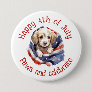 4th July American Flag Cute Puppy  3 Inch Round Button