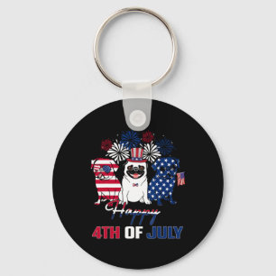 4th July American Flag Three Red White Pug Blue Fi Keychain