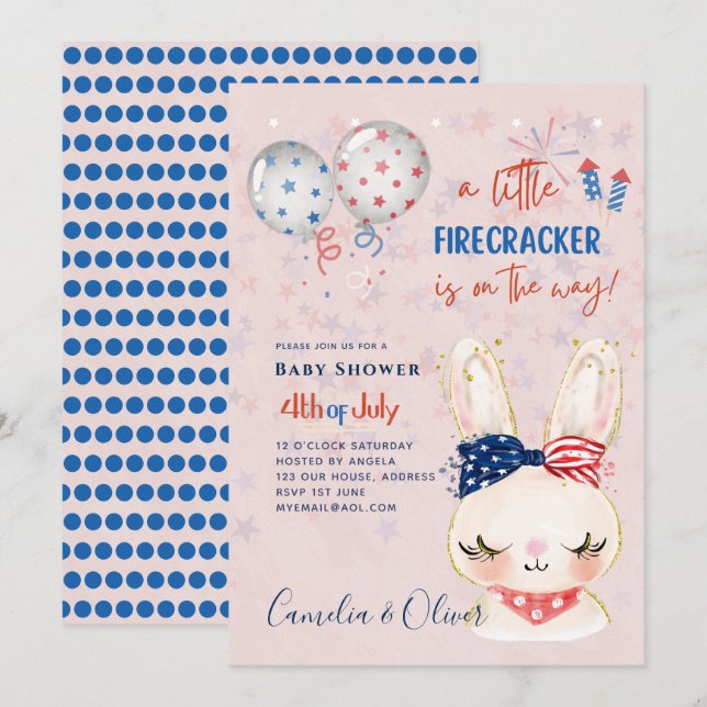 4th July BABY SHOWER INVITE Firecracker Bunny (Front/Back)