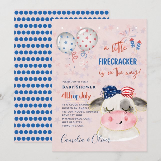 4th July BABY SHOWER INVITE Firecracker Cow (Front/Back)
