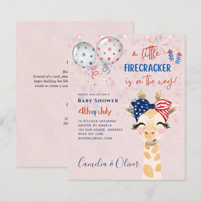 4th July BABY SHOWER INVITE Firecracker Giraffe (Front/Back)