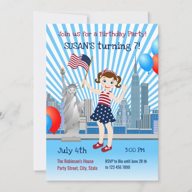 4th July Birthday Girl Party  Invitation (Front)