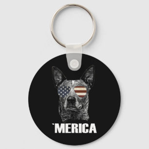 4th July Blue Heeler Dog Merica Patriotic Usa Flag Keychain