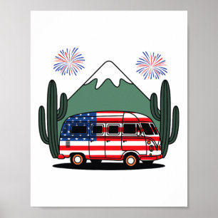4th July Camper Van Us Flag Patriotic Camping Wome Poster