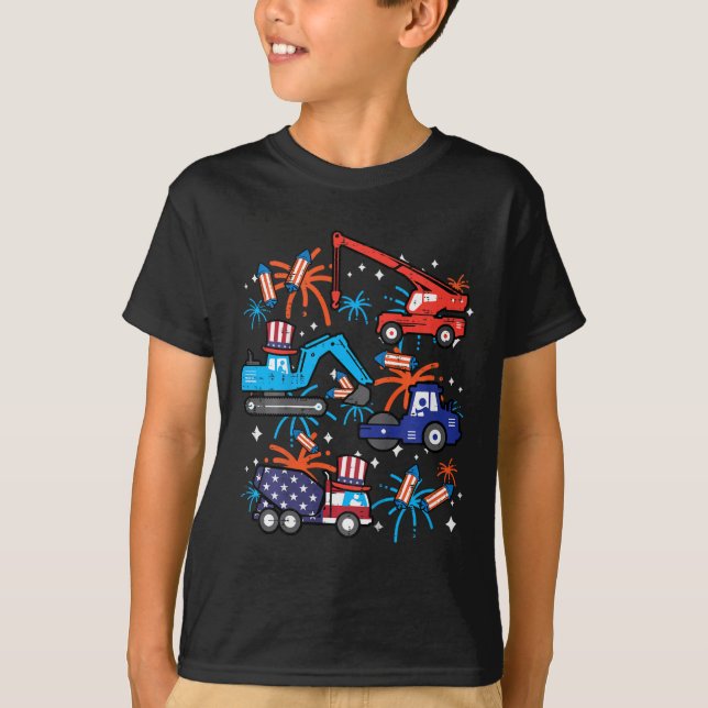 4th July Construction Trucks Vehicle Patriot Boy K T-Shirt (Front)