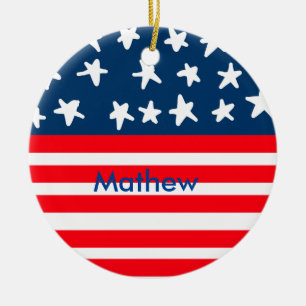 4th july independence day add name text US flag Ceramic Ornament