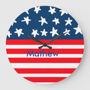 4th july independence day add name text US flag Large Clock