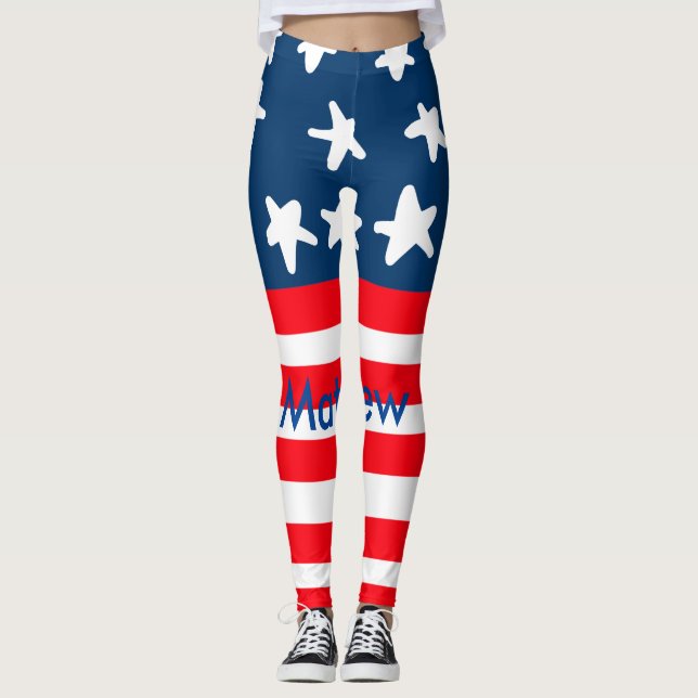4th july independence day add name text US flag Leggings (Front)