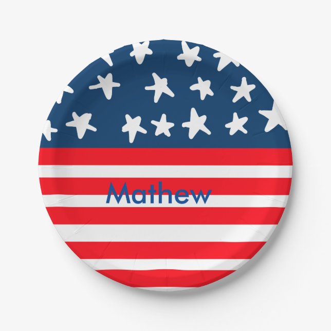 4th july independence day add name text US flag Paper Plate (Front)