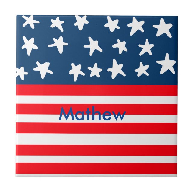 4th july independence day add name text US flag Tile (Front)