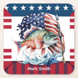 4th July Independence Day for fishing lovers Square Paper Coaster