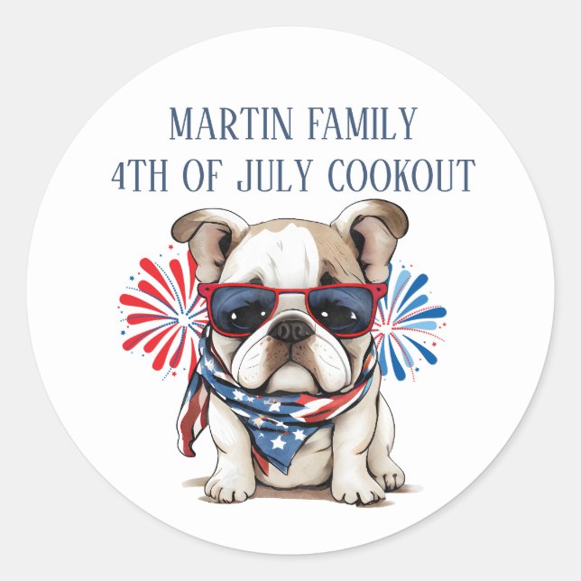 4th July Independence Day Red White Blue Bulldog Classic Round Sticker (Front)