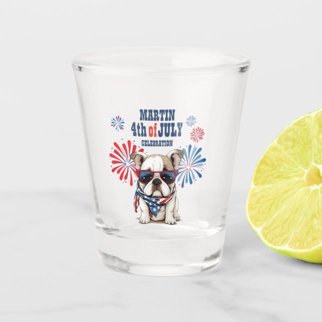 4th July Independence Day Red White Blue Bulldog Shot Glass (Front)