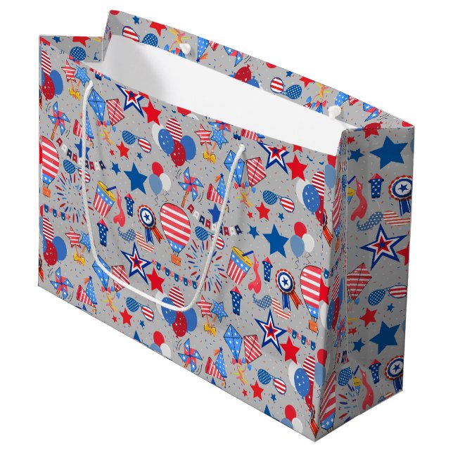 4th July Pattern 04x4 LGrey BG Large Gift Bag (Front Angled)