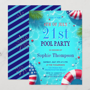 4th July Pool Party Americana Chic 21st Birthday Invitation