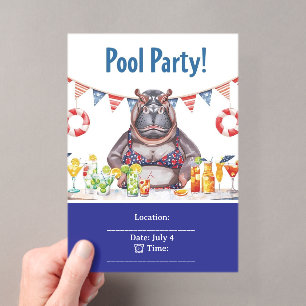 4th July Pool Party with Hippo in Bikini  Acrylic Invitations