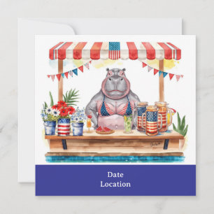4th July Pool Party with Hippo in Bikini  Invitation