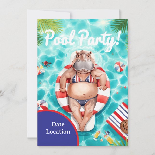 4th July Pool Party with Hippo in Bikini  Invitation (Front)