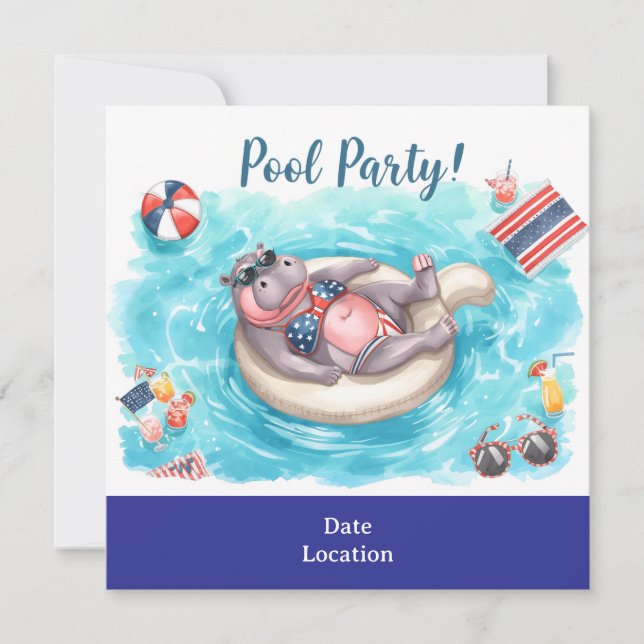 4th July Pool Party with Hippo in Bikini  Save The Date (Front)