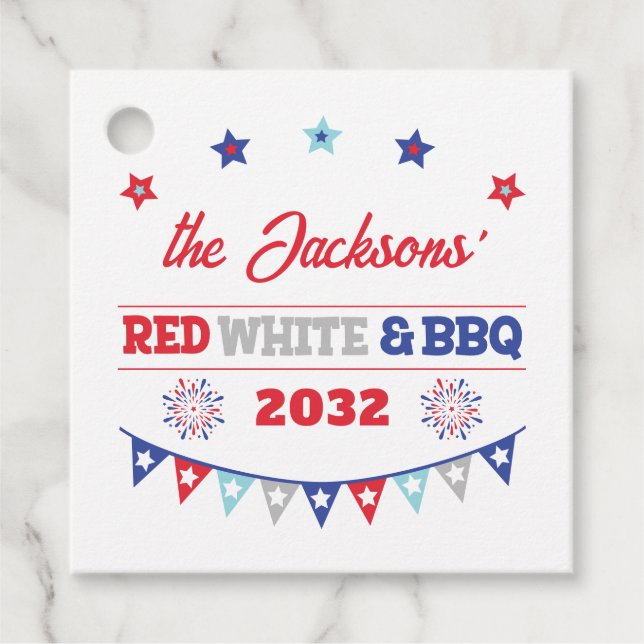 4th july Red white and BBQ family name patriotic Favour Tags (Front)