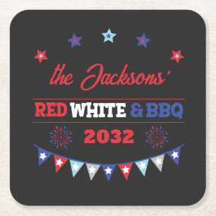 4th july Red white and BBQ family name patriotic Square Paper Coaster