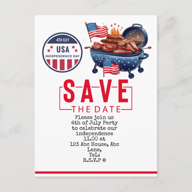  4th July Save the Date  Independence Day party   Postcard (Front)