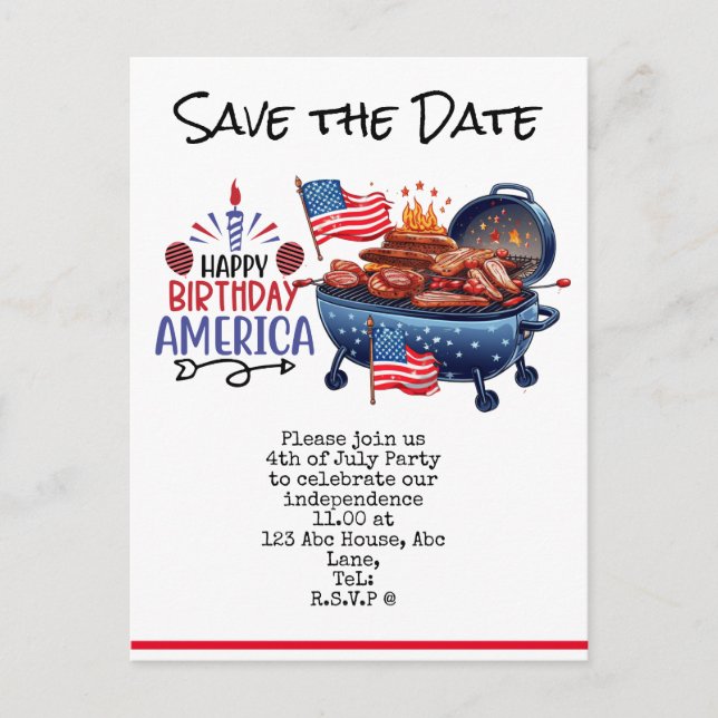  4th July Save the Date  Independence Day party   Postcard (Front)