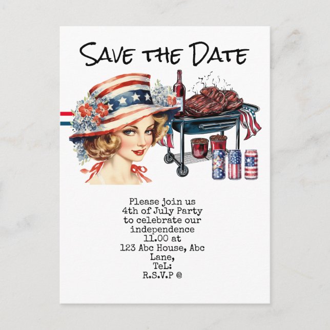  4th July Save the Date  Independence Day party   Postcard (Front)