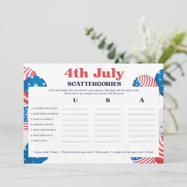 4th July Scattergories Game Card (Standing Front)
